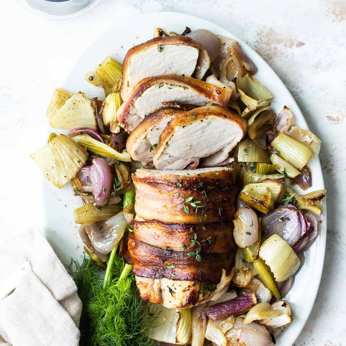 Bacon Wrapped Pork Tenderloin & Roasted Fennel Recipe